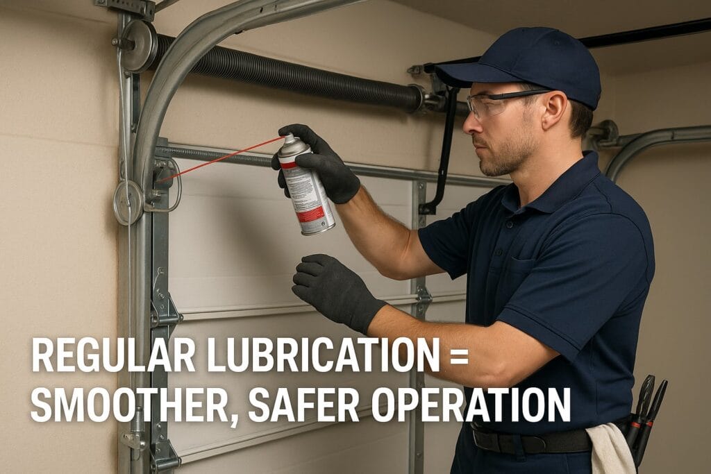 Garage Door Cable Replacement: Preventing Track and Roller Damage 4 Technician applying lubricant to garage door parts to ensure smoother and safer operation.