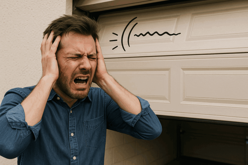 Frustrated man covering ears from noisy garage door, showing need for garage door repairs.