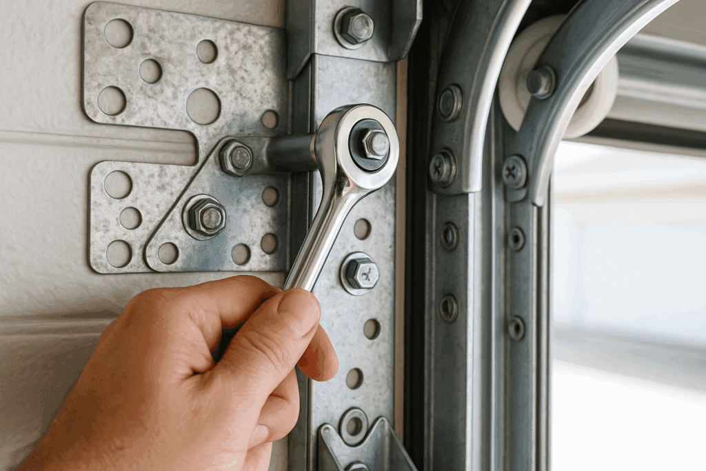 Close-up of hand using ratchet wrench to tighten garage door hardware, showing routine garage door repairs and maintenance.