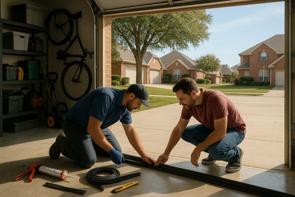 The Best Types of Garage Door Weather Stripping for Austin Residents 4 Homeowner and technician installing garage door weather stripping for better insulation.