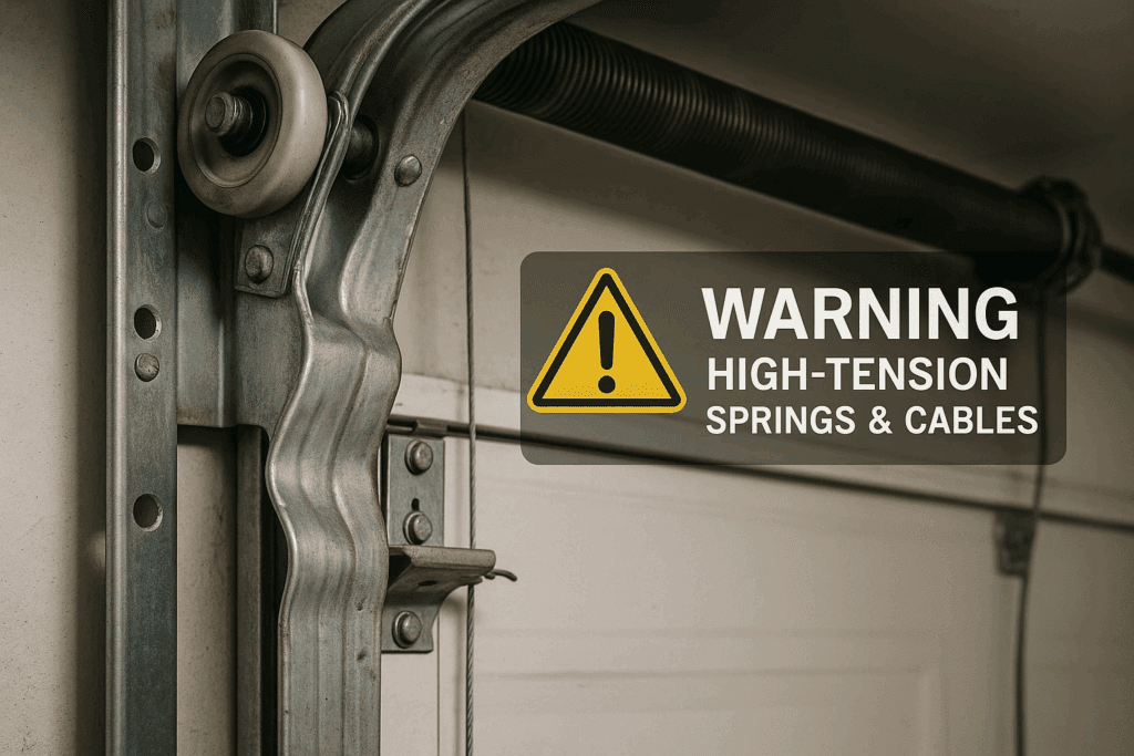 Austin DIY Tips: How to Safely Repair Garage Door Tracks at Home 3 Close-up of damaged garage door track with warning sign about high-tension springs and cables, stressing need to repair garage door safely.