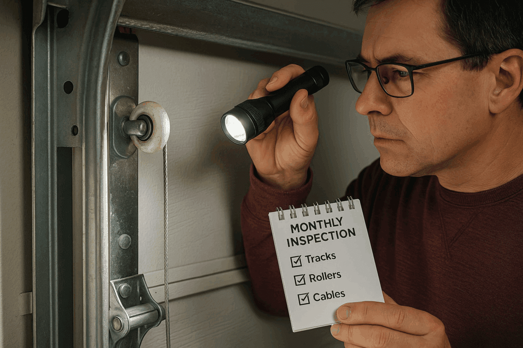 Austin DIY Tips: How to Safely Repair Garage Door Tracks at Home 4 Man using flashlight for monthly inspection checklist to repair garage door tracks, rollers, and cables.