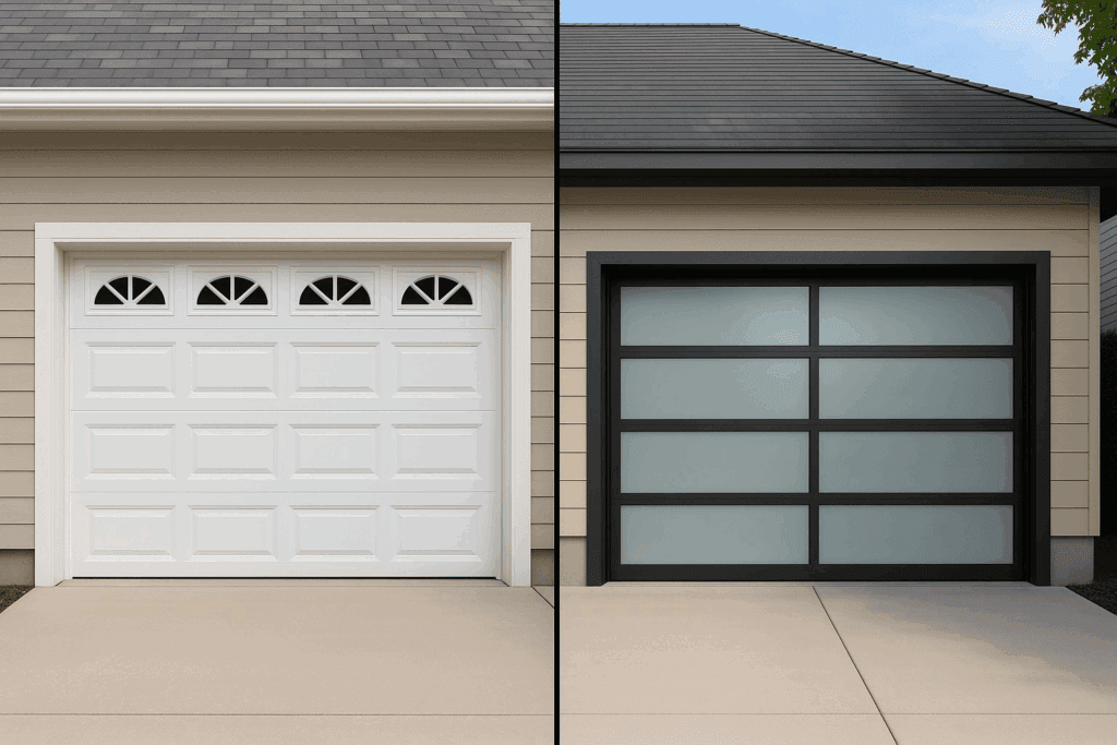 Side by side comparison of traditional and sleek modern garage doors.