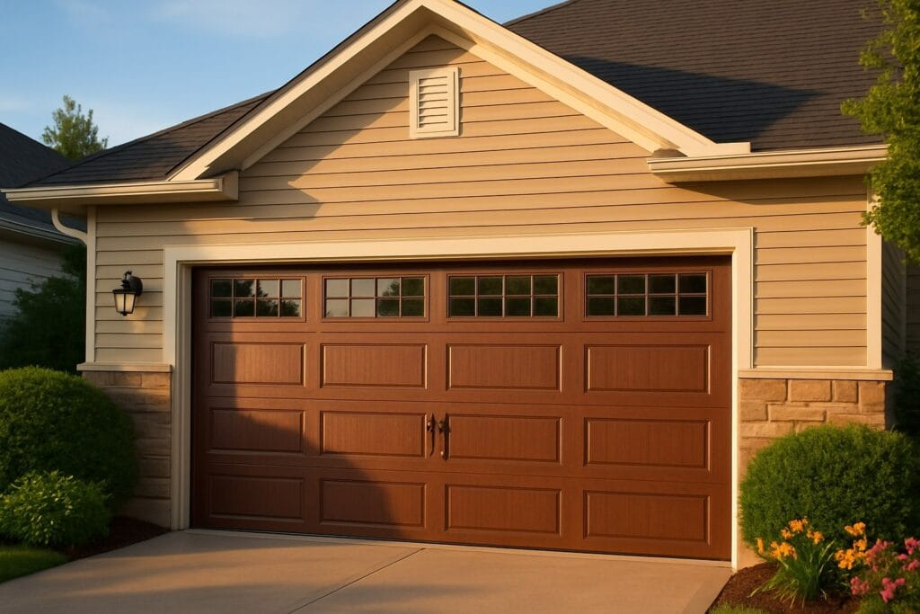 Well-maintained modern garage door shown after professional garage door maintenance enhancing home curb appeal.