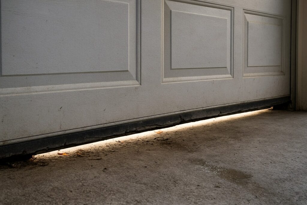 Worn garage door bottom seal letting in light and drafts shown before garage door maintenance and weatherproofing.